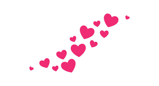 A trail of pink hearts floating upwards on a white background