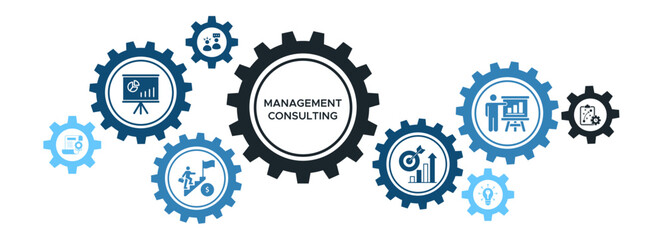Management Consulting Services Banner Vector Concept Featuring Icons for Business Development, Strategy, Solutions, and Training Programs