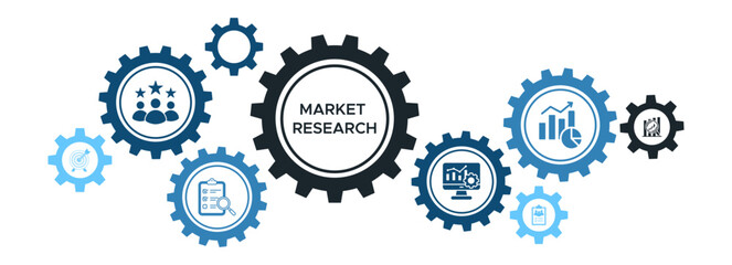 Detailed Market Research and Analysis Banner Featuring Customer Statistics, Evaluation, and Trend Data Icons