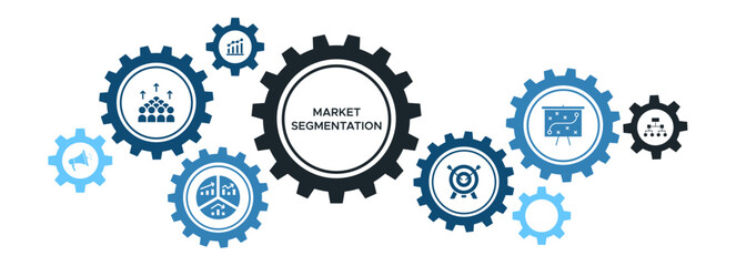 Market Segmentation Banner Vector Concept Featuring Icons for Demographics, Target Niche, Classification, and Marketing Strategy