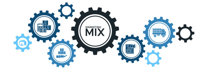 4P Marketing Mix Banner Vector Concept Highlighting Product, Price, Place, and Promotion Strategies with Icons