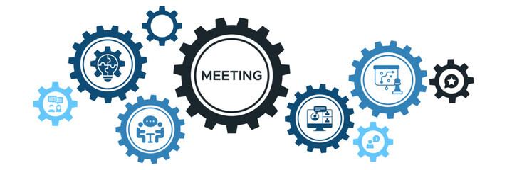 Business Meeting and Communication Banner Icons for Web: Discussion Topics, Solution Planning, Information Sharing, Video Conferencing, and Strategic Decision-Making