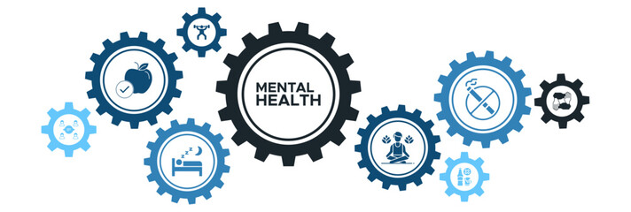 Mental Health and Wellness Icon Concept Highlighting Sleep, Exercise, Social Interaction, and Stress Reduction