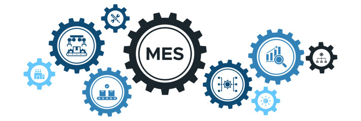 Manufacturing Execution System (MES) Banner Vector Concept with Icons for Factory Automation, Production Management, Distribution, and Analysis