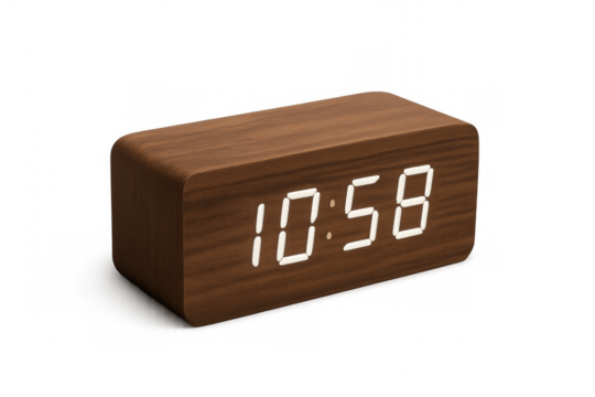 Modern wooden digital alarm clock showing time on transparent background