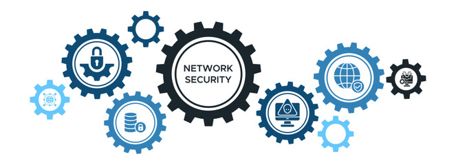 Network Security and Infrastructure Banner Vector Concept Featuring Icons for Database Protection, Network Attacks, and Safety Solutions