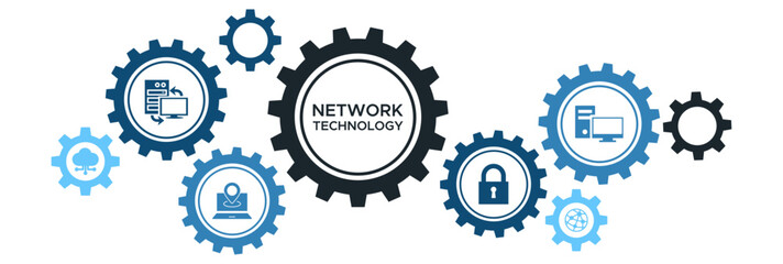 Network Technology and Cloud Computing Banner with Icons for Servers, IP Addresses, Network Security, and Data Management