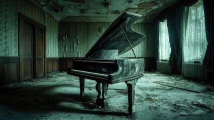 Abandoned piano in a decaying room