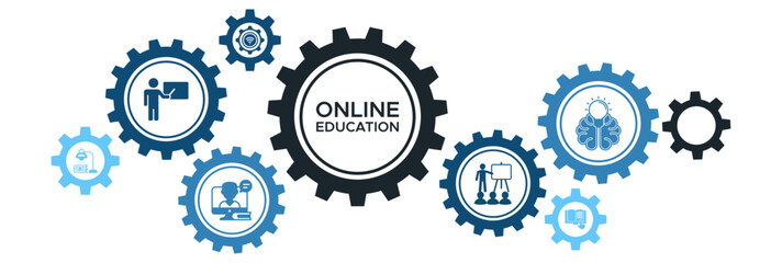 Online Learning and Education Platform Banner Vector Illustration with Technology, Courses, Teachers, and Study Support Icons