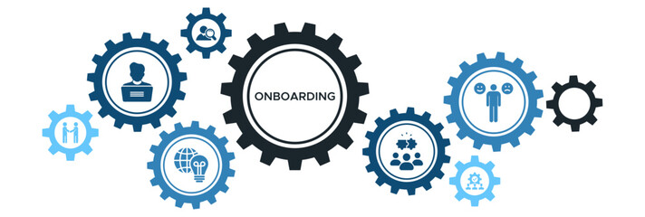 Employee Onboarding Banner Vector Illustration Concept with Organizational Integration, Knowledge, Skills, and Behavior Icons