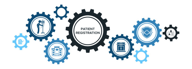 Patient Registration System Banner Vector Concept Featuring Icons for Hospital Registration, ID Cards, Clinics, and Health Insurance