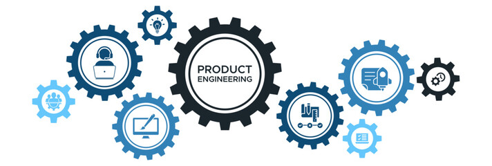 Comprehensive Product Engineering Vector Banner Concept with Design, Innovation, Planning, Testing, Development, and Deployment Icons for Modern Workflow