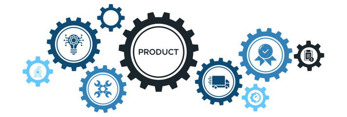 Vector Concept Illustration of Website Product Banner with Icons Representing Innovation, Goals, Efficiency, Quality, Delivery, and Pricing