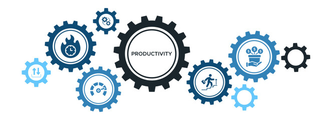 Productivity and Efficiency Enhancement Banner with Process Development, Output, and Profit Growth Icons