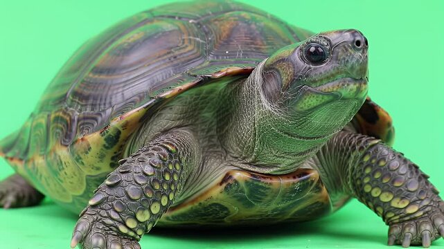 Terrestrial turtle with detailed shell on vibrant green screen. Isolated reptile close-up.