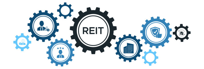 Real Estate Investment Trust (REIT) Banner with Icons for Manager, Broker, Investor Trust, and Financial Returns