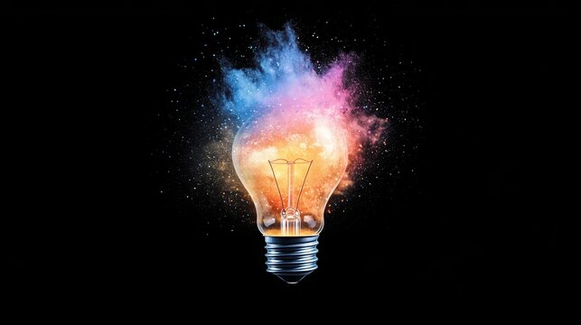 A bright, colorful explosion of a light bulb on a black background