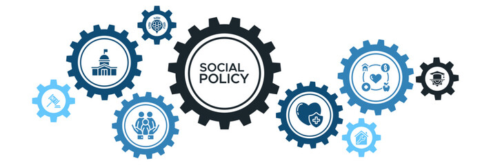 Social Policy Banner Vector Concept Featuring Icons for Government Legislation, Welfare, Education, Healthcare, and Social Reform