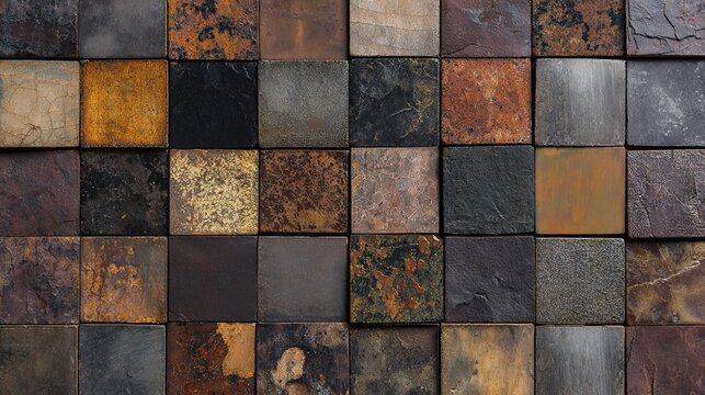 Earthy Toned Square Tile Grid Texture - Rustic Weathered Metal and Stone Surface Background