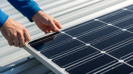 Close-up of a skilled technician's hands installing a photovoltaic solar panel on a metal rooftop for renewable energy.