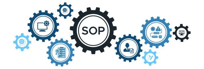 SOP Process Workflow Banner Vector Illustration Concept with Instruction, Operation, Sequence, Iteration, and Quality Control Icons