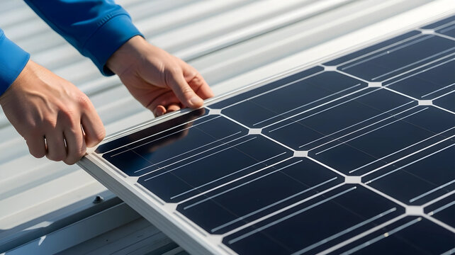 Close-up of a skilled technician's hands installing a photovoltaic solar panel on a metal rooftop for renewable energy.