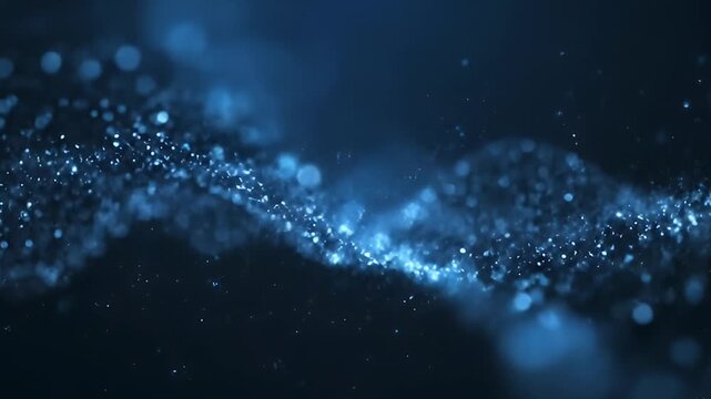 Blue glowing particles form a wavy abstract shape against a darker background