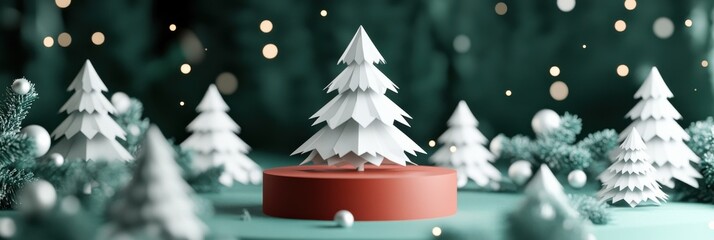 3D animated Christmas scene with paper trees and snowflakes around a red circular platform