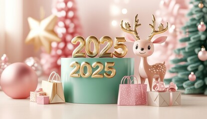 Adorable 3D cartoon reindeer figurines with golden antlers on a green podium surrounded by gifts, highlighting the holiday spirit of 2025 with a festive Christmas tree in a cheerful scene.