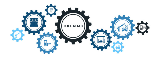 Seamless Toll Road System Banner with GPS, Payment Stations, Traffic Control, and Turnpike Icons