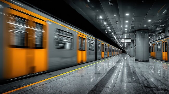 Motion Blur Empty Subway Platform with Light Trails, Passing Train in Underground Station