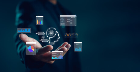Businessman presenting AI interface with data dashboard, analytics graphs, and charts. Concept of artificial intelligence, machine learning, data visualization and business intelligence system.