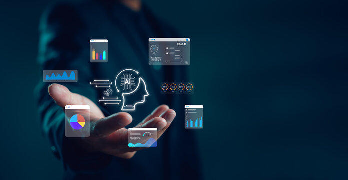 Businessman presenting AI interface with data dashboard, analytics graphs, and charts. Concept of artificial intelligence, machine learning, data visualization and business intelligence system. - Powered by Adobe