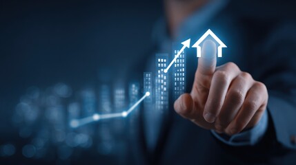 A person's finger interacts with a holographic projection displaying upward trending graph overlaid on a cityscape, symbolizing real estate market growth