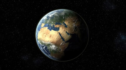 Obraz premium Detailed Render of Planet Earth Emphasizing Africa Europe and Middle East in a Starry Space Background with Blue and Green Continents