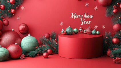 Festive Merry New Year display with red cylinder podium and green decorations on pink background