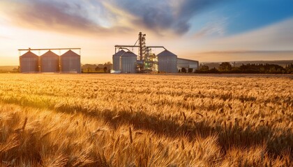 Fototapeta premium wheat field at golden hour with silos in the background on a farm