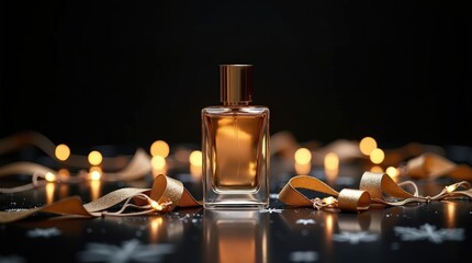 Elegant glass perfume bottle on a dark surface surrounded by golden ribbons and soft glowing lights for a festive atmosphere
