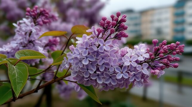 close-up of a branch of blooming lilacs in the city