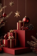 Elegant 3D rendering of a Christmas scene featuring a red gift box with a gold star, surrounded by festive ornaments and pinecones