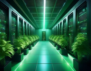green data center server room with plants and sustainable technology concept