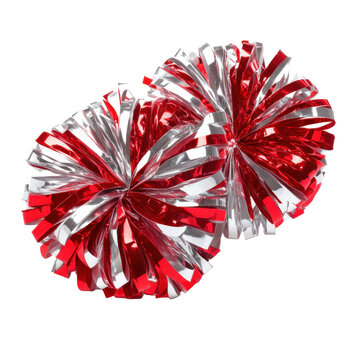 Red and silver cheerleading pom poms pair isolated on transparent background