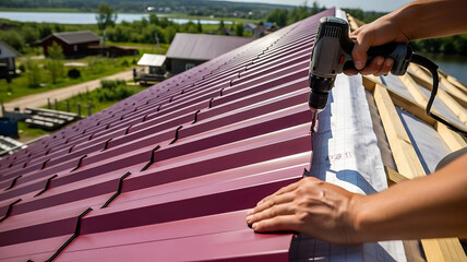 Expert construction worker meticulously installs durable red metal roof panels on a residential building, ensuring quality and longevity in home construction and renovation.