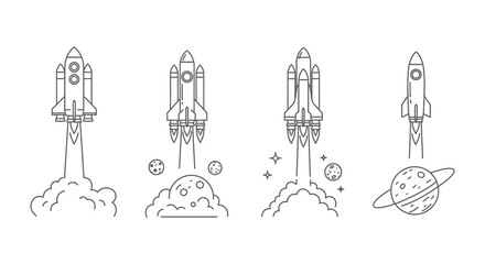 Four rockets launching into space with planet and clouds