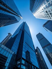 Looking Up at Modern Glass Skyscrapers Against a Bright Blue Sky