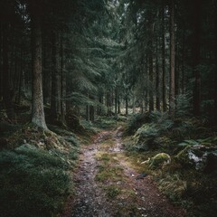 Fototapeta premium dirt pathway disappearing into a dense forest.