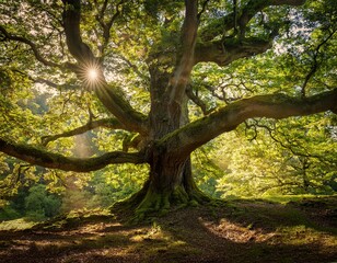 Fototapeta premium ancient oak tree in a sunlit forest