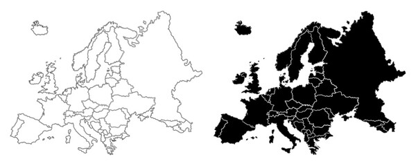 Europe map isolated on white background.Europe  political map. Low detailed. Solid simple style.Europe map silhouette linear and black illustration. Black and white. Vector editable © cmmedia99