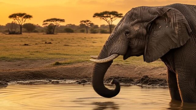 Elephant drinks water at sunset in Africa, wildlife behavior in natural habitat, animal video