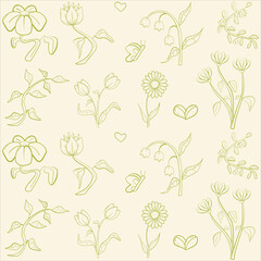 Floral sketch seamless pattern. Spring doodle flowers. Isolated vector illustration.